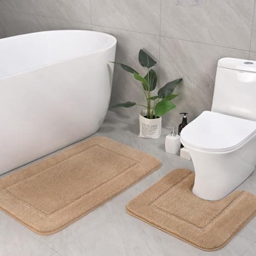 LOCHAS Bathroom Rug Set Beige, Soft Bath Rug Set 2 Piece, Toilet Mat U-Shaped 20x20 and 34x20 Bath Rugs, Quickly Dry Mats for Bathroom, Tub, Washable, Super Absorbent Floor Mat