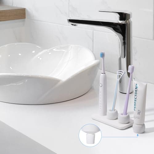 Dersyer 3 Pack Mini Ceramic Toothbrush Holder Stand with 1 Pack Water Absorbing Stone for Bathroom Vanity Countertop, Toothbrush Organizer, White 7