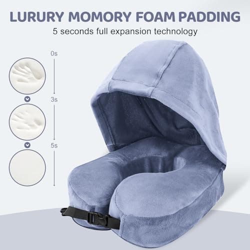 Flywish Travel Neck Pillow with Hood - Adult Travel Must Haves Airplane Hoodie Pillow, Premium Quality Memory Foam, Fit for Office, Car Ride, Sleeping. Kit with Earplugs, Luxury Bag(Mist, M) 5