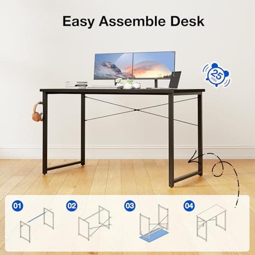 ODK 48 Inches Computer Desk for Small Spaces, Study Table for Home Office, Writing Desk with Headphone Hooks, Black 5