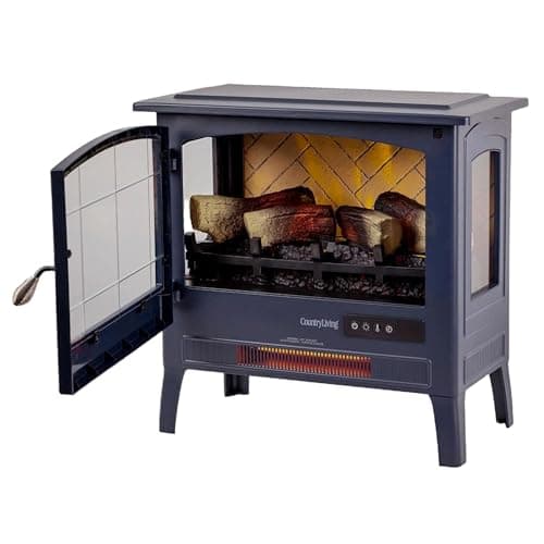 Country Living Infrared Freestanding Electric Fireplace Stove Heater in Navy Blue | Provides Supplemental Zone Heat with Remote, Multiple Flame Colors, Metal Design with Faux Wooden Logs