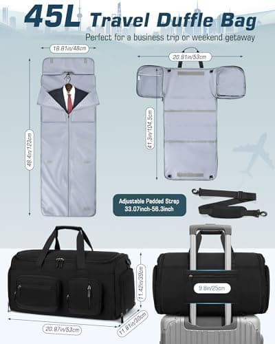 RAINSMORE Convertible Garment Bags for Travel, 45L Garment Duffle bag for Hanging Clothes, 3 in 1 Suit Travel Bag for Business Trips with Shoulder Strap, Carry On Suit Luggage for Men Women, Black 5