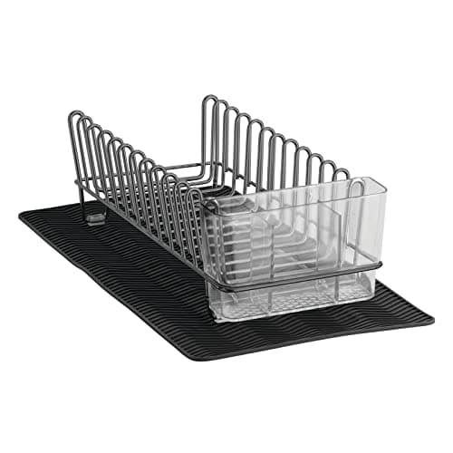 mDesign Steel Sink Dish Drying Rack/Dish Drainer Storage Organizer w/Wire Drainer, Drying Mat for Kitchen Counter, Easy Drain/Dry Dishes, Plate, Utensil, Concerto Collection, Set of 2 - Black/Dk Gray 9