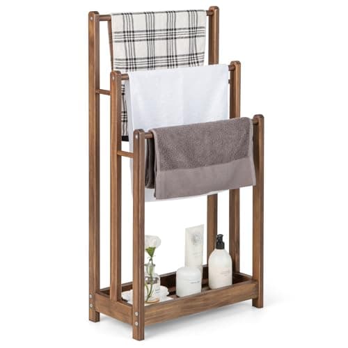 Giantex Towel Rack for Bathroom - 3 Tier Freestanding Towel Racks with Storage Shelf, Wood Hand Towel Drying Stand, Blanket Holder for Living Room, Laundry Room, 18" L x 9" W x 34" H (Rustic Brown)