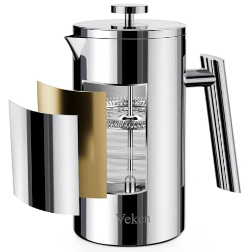 Veken French Press Coffee Tea Maker 34 Ounce 1 Liter, Double Wall Vacuum Insulated Stainless Steel Coffee Press with 4 Filter Screens, Rust-Free, Silver