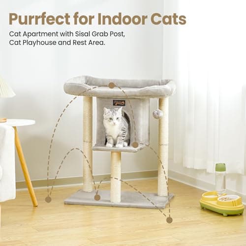 Cat Tree Tower Scratching Post for Indoor Large Cats, Small Cat Tree with Big Perch Bed, 28in Tall Trees House with Condo Cave, Toy Balls, Modern Climbing Furniture Platform for Kitten (Light Gray) 6