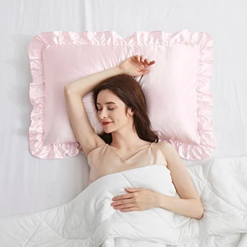 HommxJF Blush Pink Satin Ruffled Pillow Cases for Hair and Skin,Blush Pink Silk Pillowcases Standard Set of 2 with Envelope Closure Princess Room Decoration 6