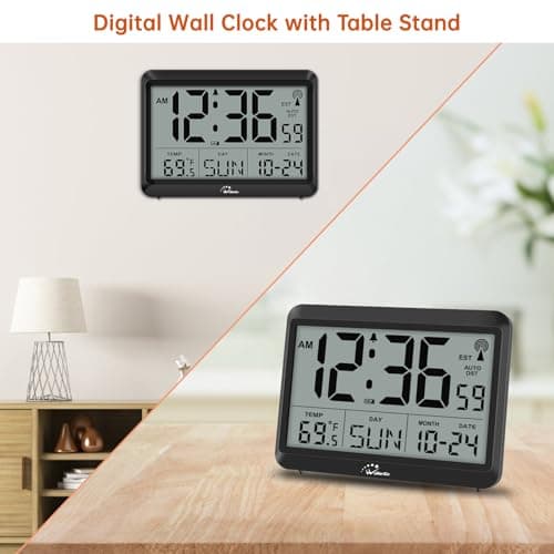 WallarGe Atomic Digital Wall Clock Battery Operated, Self-Setting, Large Display with Temperature, Date, Day of The Week, Silent Wall Mount Digital Clock, 4 Time Zones, DST 7