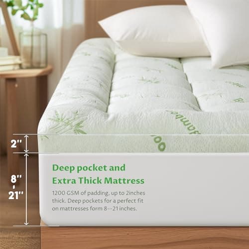Baauye Bamboo_Viscose Mattress Topper Queen,1200 GSM Cooling Mattress Pad,Extra Thick Pillow Top Mattress Topper for Back Pain,2" Down Alternative Filling with 8"-21" Deep Pocket(Queen,60"x80") 7