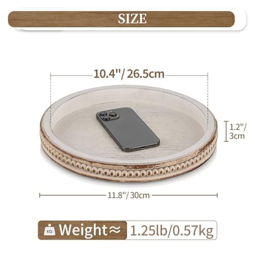 Hanobe Round Wooden Decorative Tray: White Washed Bead Tray Decor for Coffee Table Centerpiece Rustic Farmhouse Tray for Kitchen Counter Living Room Easter Decoration 5