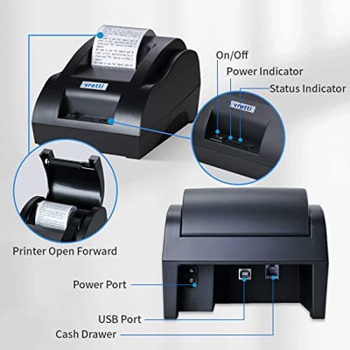 vretti Thermal Receipt Printer, 58mm Small USB Thermal Printer with High-Speed Printing Support to ESC/POS/Window and Mac System, Portable Restaurant Kitchen Printer for Cash Register 5
