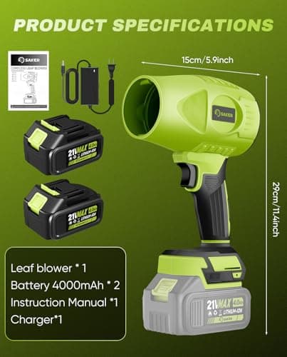 Saker Cordless Leaf Blower Portable Dust Cleaner Handheld Blowers 2 x 4.0Ah Batteries 180000 RPM Air Duster with Adjustable Speed for Drying Patio Cleaning Green 8