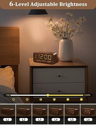 Digital Alarm Clock, with Wooden Electronic LED Time Display, 3 Alarm Settings, 10W Wireless charging, Day of the week, Temperature Detect, Wood Made Digital Clocks for Office, Bedroom, Bedside, Brown 6