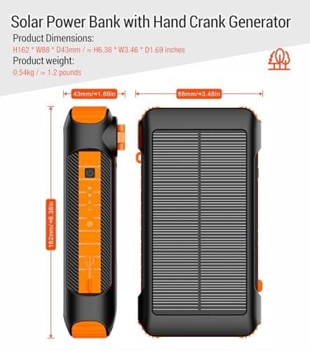 OOPOWEROO Solar Power Bank 20000mAh Built in Hand Crank and 4 Cables 22.5W Fast Charge Power Bank 5 Outputs & 5 Inputs Solar Portable Charger, SOS/Strobe/Strong Flashlights, Carabiner (Orange) 9