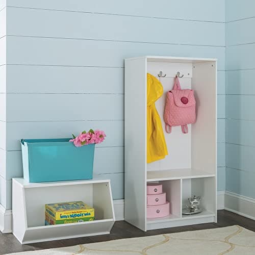 ClosetMaid KidSpace Wood Storage Locker, 2 Cubby Cube Compartments, Open Storage, 3 Hooks, for Coats, Backpacks, Jackets, White Finish 4
