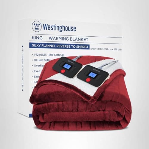 Westinghouse Electric Blanket King, Heated Blanket King Size with 10 Heating Levels and 1 to 12 Hours Heating Time Settings, Flannel to Sherpa Reversible, Machine Washable (90" x 100", Red) 9