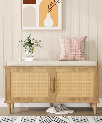 Akxomel Rattan Shoe Storage Bench with Cushion, 2-Tier Entryway Bench with Adjustable Shelves and 2 Doors, 15" D x 39.4" W x 20" H, Solid Wood Legs, for Hallway, Living Room, Bedroom, Natural Oak