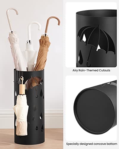 SONGMICS Umbrella Stand, Metal Umbrella Holder for Entryway, with Water Tray and 4 Hooks, 6.7 x 6.7 x 16.1 Inches, Round, Ink Black ULUC024B01 7