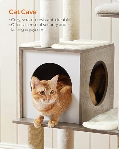Feandrea Cat Tree, 64.6-Inch Modern Cat Tower, Multi-Level Condo with 5 Scratching Posts, Perch, Washable Removable Cushions, Cave, Heather Greige UPCT166G01 7
