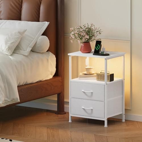 Somdot White Nightstand with Charging Station and LED Light for Bedroom, 2 Drawers Dresser with Fabric Bins for Bedside Kids Dorm Room Closet Laundry Entryway, White Leather 2