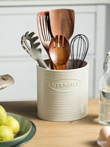 YHOSSEUN Utensil Holder for Kitchen Counter, Ceramic Cooking Utensil Holder for Countertop, 6.7in Oval Utensil Crock Spatula Holder Farmhouse Kitchen Decor, White 7