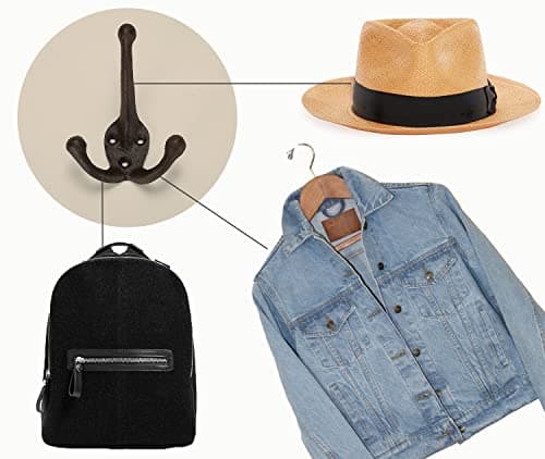 Ambipolar 5-Pack TriLeg Coat Hooks. Wall Mounted, Heavy Duty Decorative Black Wall Hooks for Mudroom, Hat Rack, Purse Hooks. Cast Iron Decorative ‎Antique Black Hooks 6