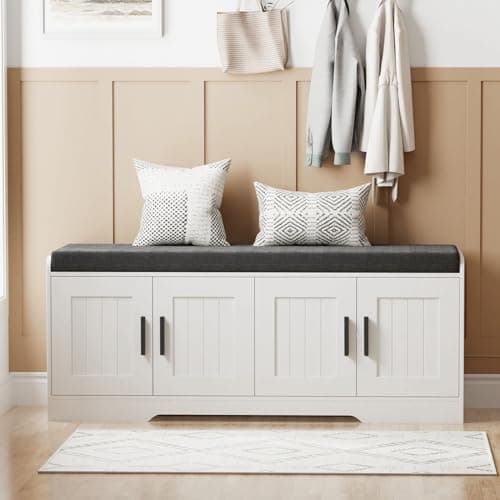 Homleke 2-Tier Storage Bench, Shoe Bench with Thickened Padded Seat Cushion, Entryway Bench with 4 Doors, Adjustable Shelf, 13.8" D x 45.3" W x 18.5" H, for Entryway, Living Room, Bedroom, White 8