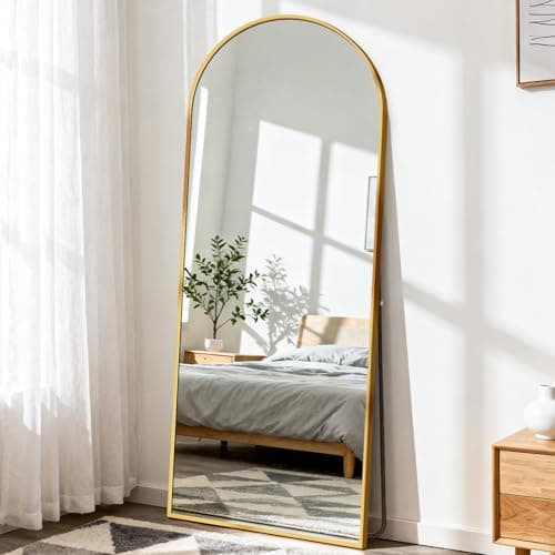 DUMOS 63.6"x20.6" Arched Full Length Mirror with Stand Floor Free Standing Aluminum Frame for Bedroom Body Hanging Leaning Modern Simple Home Decor Shatter-proorf Nano Glass Wall, Gold-Rounded 6