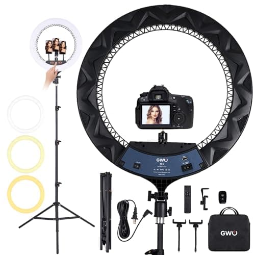 GWO 18 inch LED Ring Light with Tripod Stand 6000K Dimmable Makeup Selfie Light with Touch Panel Phone Holders for YouTube Vlog Video Shooting Include Carrying Bag and Remote Control CRI>90