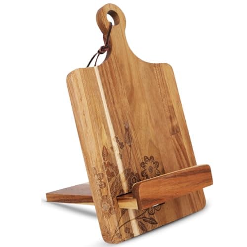 Wood Cookbook Stand for Kitchen Counter - Reversible Acacia Wooden Recipe Book Holder Stand - Cooking Measurement Conversion Card - Gift-Ready Adjustable Tablet Cook Book Holder - Charging Cable Slot