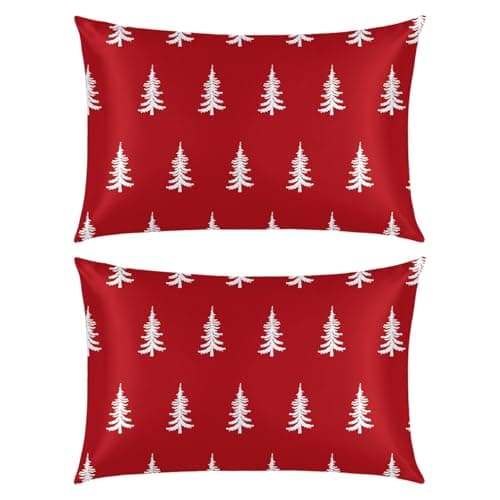 Horaldaily Christmas Standard Size Set of 2 Satin Pillowcases for Skin and Hair, Red Christmas Trees Smooth Soft Similar to Silk Pillowcases for Bedding Sofa Couch,Idea Gifts for Women Men