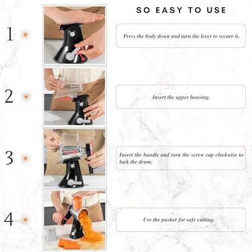 Brieftons 4-Blade Rotary Cheese Grater, Kitchen Food Cutter with Handle, Mandoline Vegetable Slicer, Nut Grinder, Hand Crank Shredder for Cheese, Vegetables, Fruits, Nuts, Easy to Use, Clean & Store 8