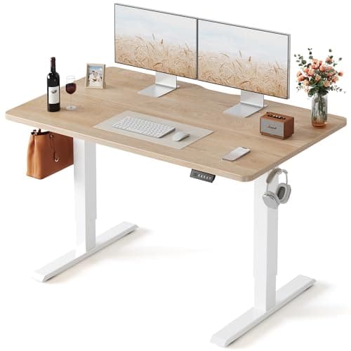 FEZIBO 55 x 24 Inchs Electric Standing Desk, Height Adjustable, Sit Stand Up, Computer Office Desk with Splice Board, White Frame/Maple Top