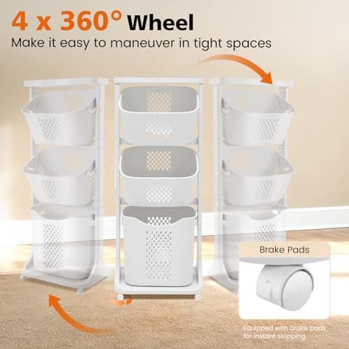 BAOKALER Rolling Laundry Hamper Cart with Wheels, 3 Tier White Laundry Baskets, Clothes Hamper with Portable Storage Baskets for Kitchens, Bathrooms, Bedrooms, Classrooms, Laundry Rooms(75L) 5