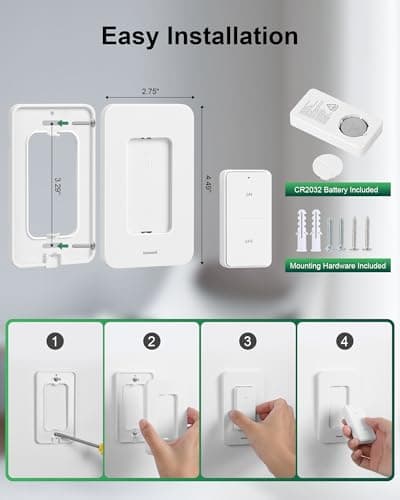 TREEWELL Wireless Light Switch and Receiver Kit, 200FT RF Range Remote Control Light Switch, No Rewiring, No Interference, Wireless Wall Switch for Ceiling Light, Fans, Lamps, Pre-Programmed 6