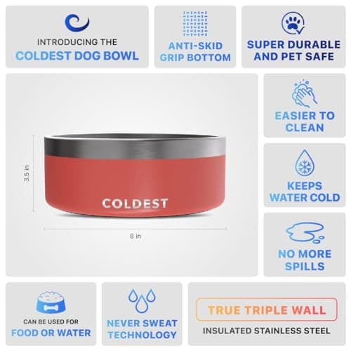 Coldest Dog Bowl - Anti Rust Metal, Non Slip, 3 Layers Insulated Stainless Steel Dog Bowls - Spill Proof & Heavy Duty - Water Bowl for Dogs, Cats & Pets, Dish Washer Safe (64 oz, Crimson Red) 5