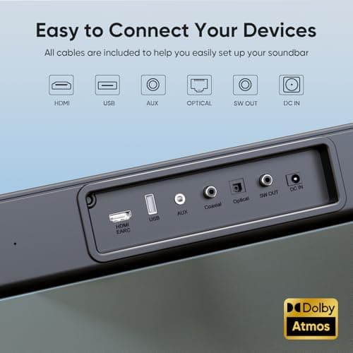 GEOYEAO Sound bar with subwoofer, 200W 2.1 ch soundbar w/Dolby Atmos Surround Sound System, 3D Bass Adjustable Home Theater Bluetooth TV Speaker for Smart TV/Projector/PC 5