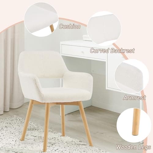 YEEFY Desk Chair No Wheels Vanity Chair Makeup Chair Comfy Accent Chair for Living Dining Room Bedroom Home Office Mid Century Modern Upholstered Armchair Sofa with Wood Legs (Wool White, 1) 8