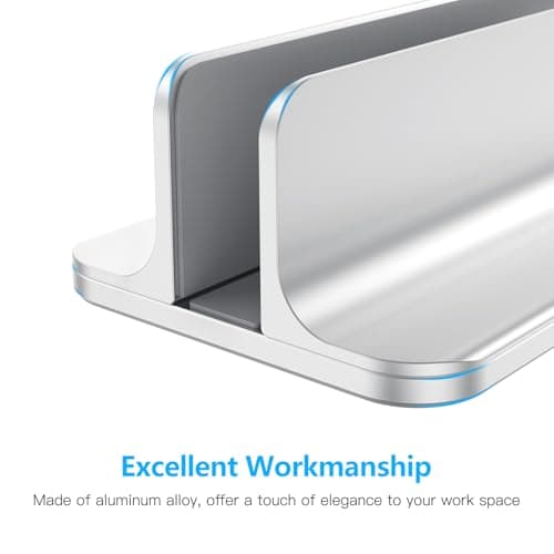 OMOTON Vertical Laptop Stand Holder, Desktop Aluminum Stand for MacBook with Adjustable Dock Size, Fits All MacBook, Surface, Chromebook and Gaming Laptops (Up to 17.3 inches), Silver 7