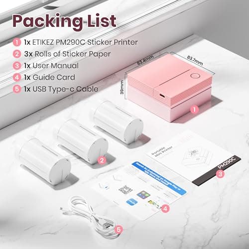 ETIKEZ Sticker Printer, PM290C Portable Mini Printer, Inkless Bluetooth Sticker Maker with 3 Rolls Paper, Impresora Portátil for Notes, Journal, DIY, Gift, Print Pod for School/Office/Home, Pink 9
