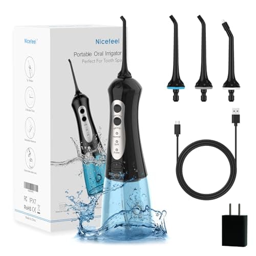 Cordless Water Flosser Teeth Cleaner, Nicefeel 300ML Portable and Rechargeable Oral Irrigator for Travel, IPX7 Waterproof, 3-Mode Water Flossing with 4 Jet Tips for Family