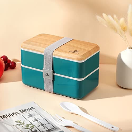 Sinnsally Bento Box Adult Lunch Box,Stackable Japanese Bento Lunch Box Containers for Women/Men with Compartments(47oz),Lunch Containers with Utensil Set,Leak-Proof Lunchbox,Rectangle(Nordic Green) 5