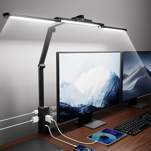 SUPERDANNY LED Desk Lamp with Power Strip (6 Outlets, 1 USB, 1 Type-C) for Home Office, Desk Light Computer Light with Clamp, Architect Desk Lamp with Smooth Dimming 5 Colors Touch & Wave Control 8