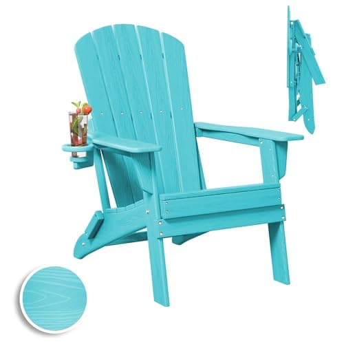 Plawdlik Folding Adirondack Chair, SGS Tested, Wooden Textured with Cup Holder, Heavy All-Weather HDPE Comfortable Set Poolside Backyard Lawn Aruba Blue