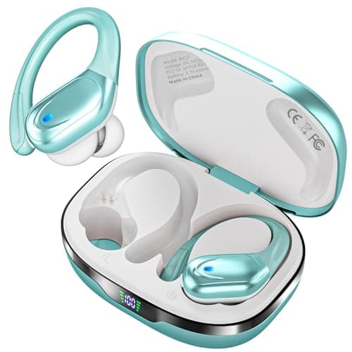 HAOYUYAN Wireless Earbuds, Sports Bluetooth Headphones, 80Hrs Playtime Ear Buds with LED Power Display, Noise Canceling Headset, IPX7 Waterproof Earphones for Workout/Running (Light Cyan)