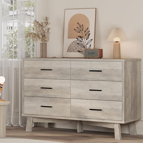 Xixini Dresser for Bedroom, 6 Drawer Wide Modern Chest of Drawers with X-Shaped Sturdy Base, Wood Double Dresser Closet Clothes Storage Organizer, Wooden TV Stand for Living Room, Hallway, Grey