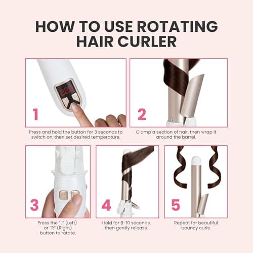 Automatic Rotating Curling Iron for Long Lasting Curls, 1.1 Inch Hair Curler with LED Display, Fast-Heating Curling Wand for Long & Short Hair, Perfect Hair Waver Styling Tool (White) 6