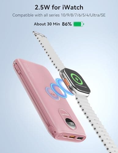 Portable Charger, 10000mAh 22.5W Fast Charging Power Bank with Built in Cable & Wall Plug, Travel Essential Battery Pack with LED Display, External Charger for iPhone 17/16, iWatch 11/10/9/8/Ultra/SE 6