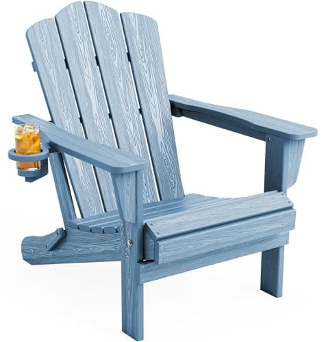 KINGYES Folding Adirondack Chair, HDPE All-Weather Patio Chairs, Wooden Textured Lawn Chair for Poolside, Backyard, Deck, Fire Pit, Light Blue