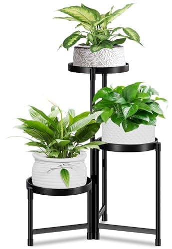 XrFc 3 Tier Plant Stand Indoor Outdoor - Tall Metal Flower Pot Holder Potted Display Rack - Heavy Duty Corner Plant Shelf for Patio Garden Balcony Living Room Bedroom Black, Shape 3